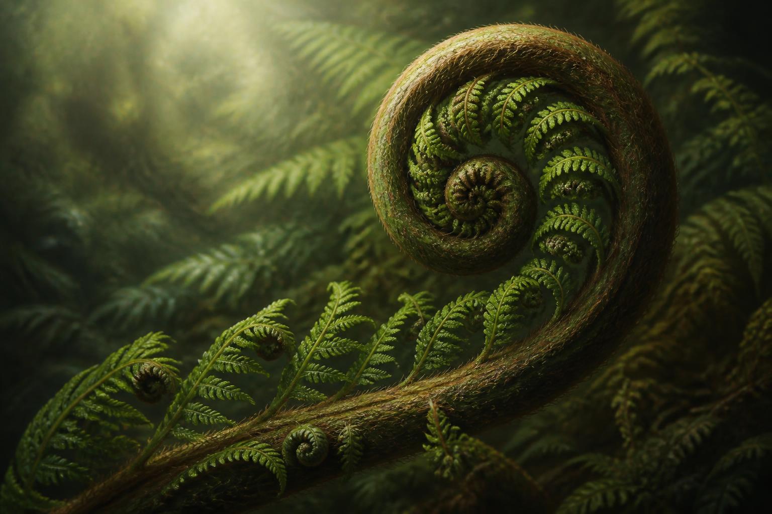 Unfurling fern frond spiral — natural effortless flow
